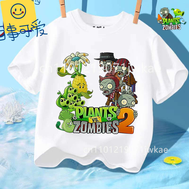 Mode Street Style 3-12J Sommer Rundhals T-Shirt für Jungen Mädchen Lässig Tägliche Kleidung Plants Vs Zombies Niedlich Kawaii Cartoon