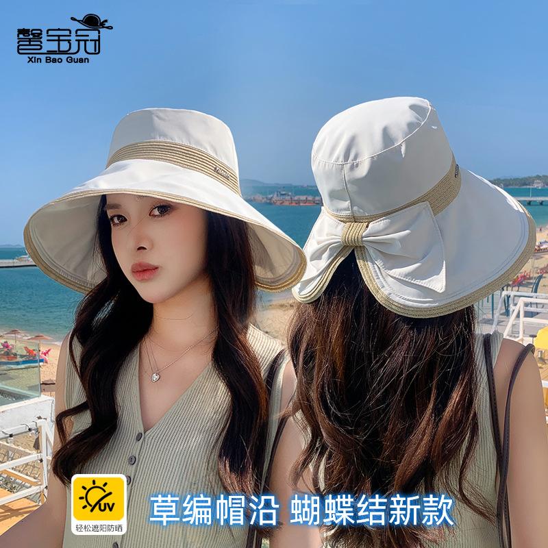 Summer Surround Big Brim Sun Hat Children Linen Splicing Bow Bucket Hat Outdoor Fashion Versatile Sunscreen Hat