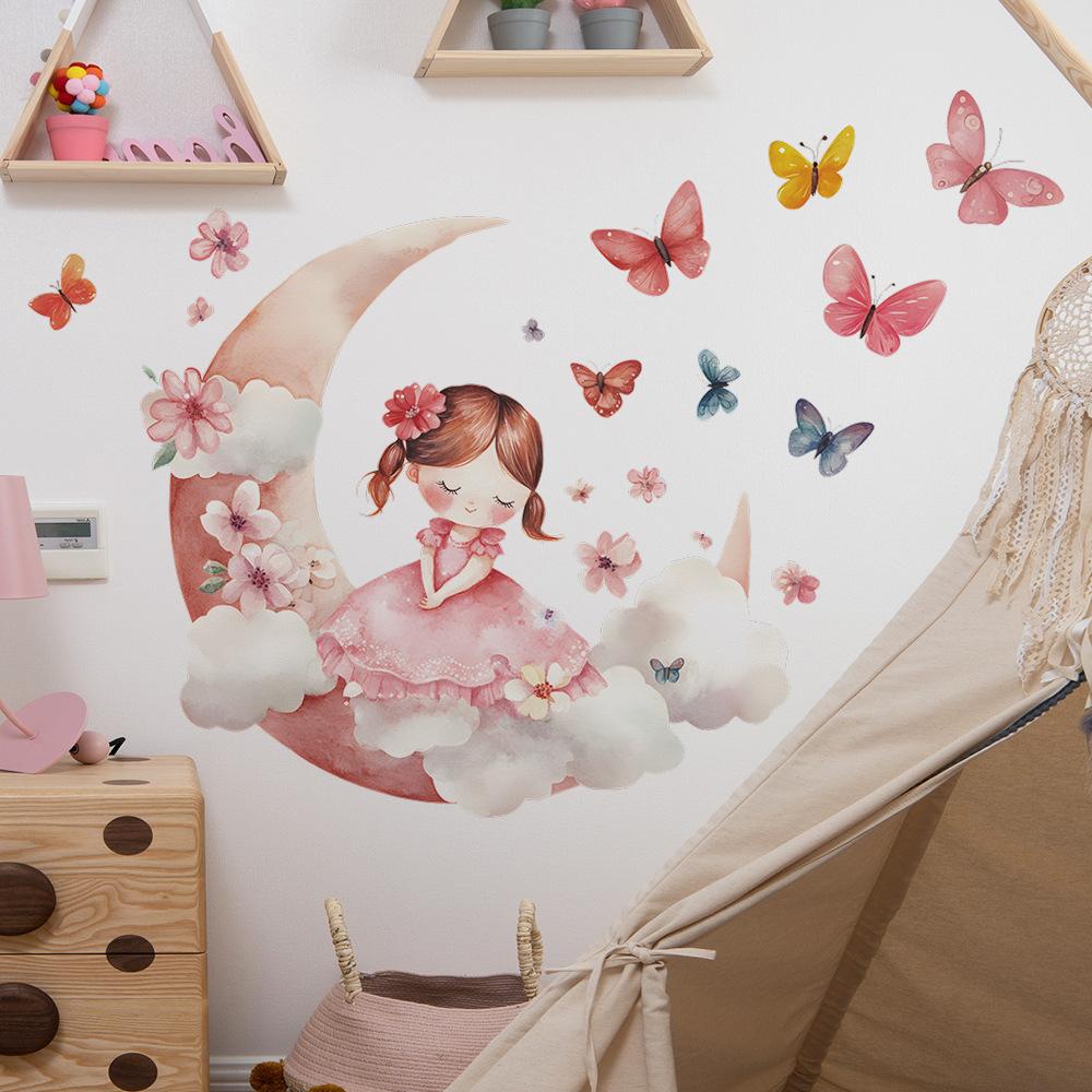 Cartoon Cute Little Girl Moon Butterfly Bedroom Living Room Entrance Hall Home Beautification Wall Stickers