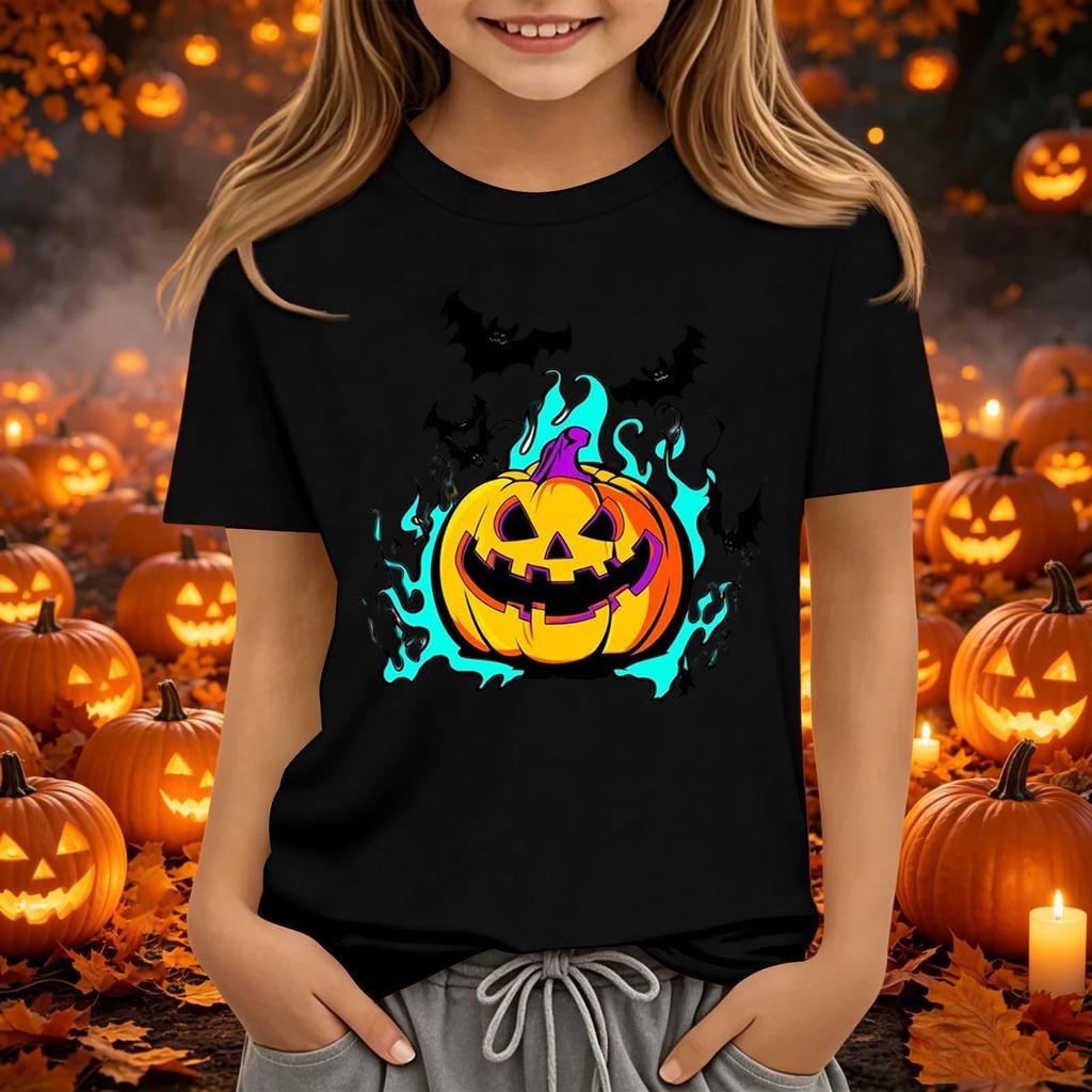 Kids Halloween Printed Neck Short Sleeve T-Shirt Loose Fit Casual Top