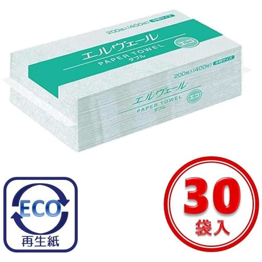 Ellevere Elvere Paper Towel Eco Double Medium Size 200 Pairs X 30 Bags White [Case Sold] (400 Sheets)