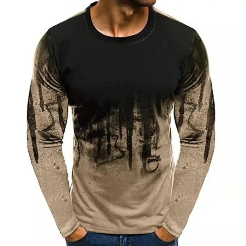 Round Neck 3D Gradient Printed Top Fashionable Casual Long Sleeved Men's T-shirts