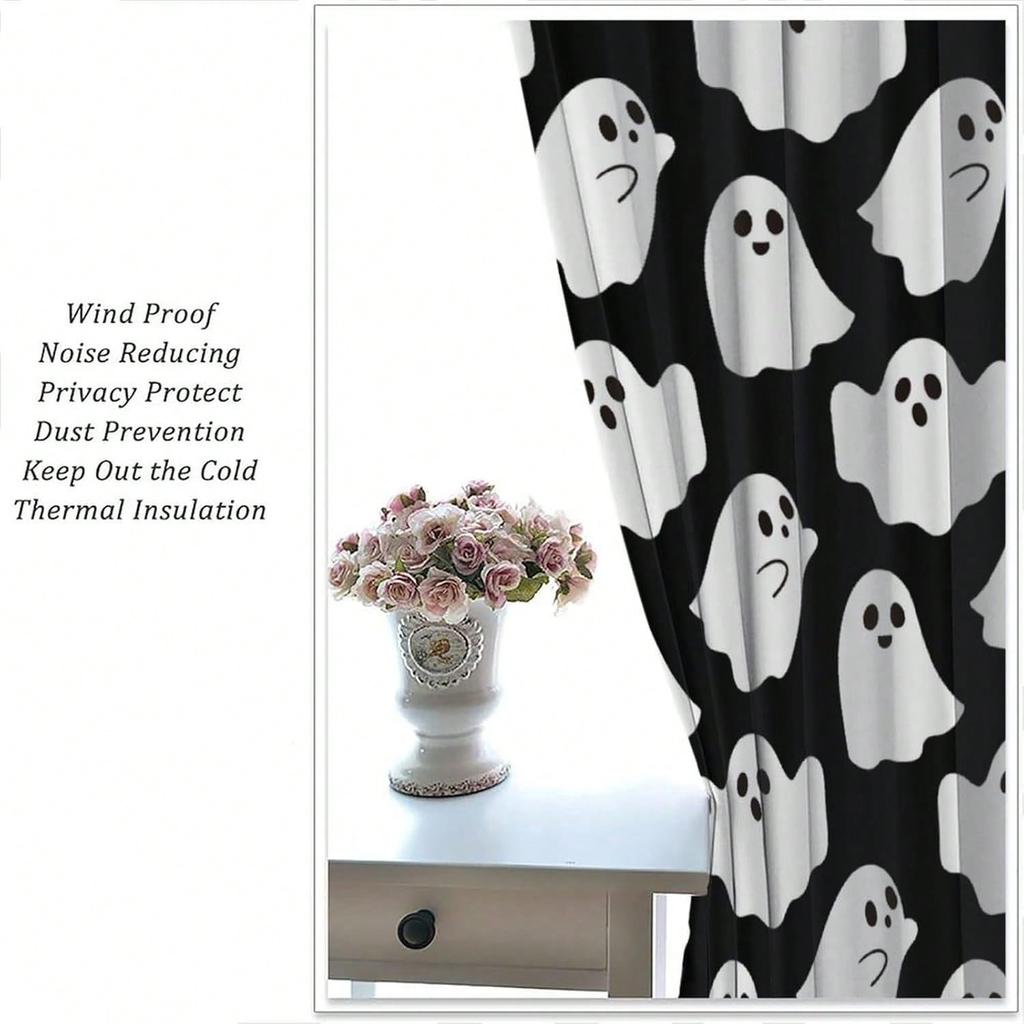Halloween Ghost Curtains Spooky Cute Funny Cartoon Ghosts Icons Black White Curtain Bedroom Living Room With Rod Pocket Polyester Ideal For Sitting