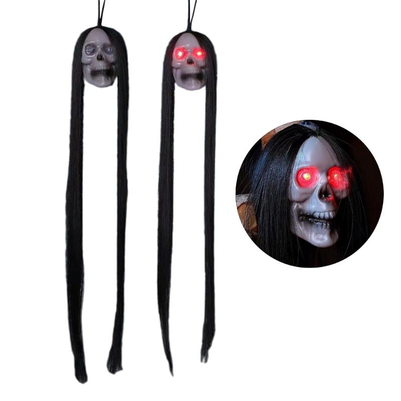 Hanging Skull Halloween Indoor Decoration Spooky Glowing Long Hair Skull Festival Glowing Skull  Room Decors 6PCS