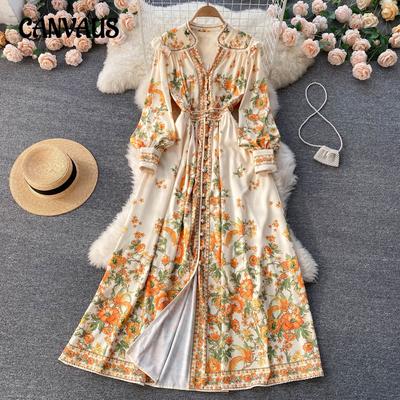 Robe longue à simple boutonnage pour femme, style rétro, imprimé, manches longues, taille fine, col en V, grande taille