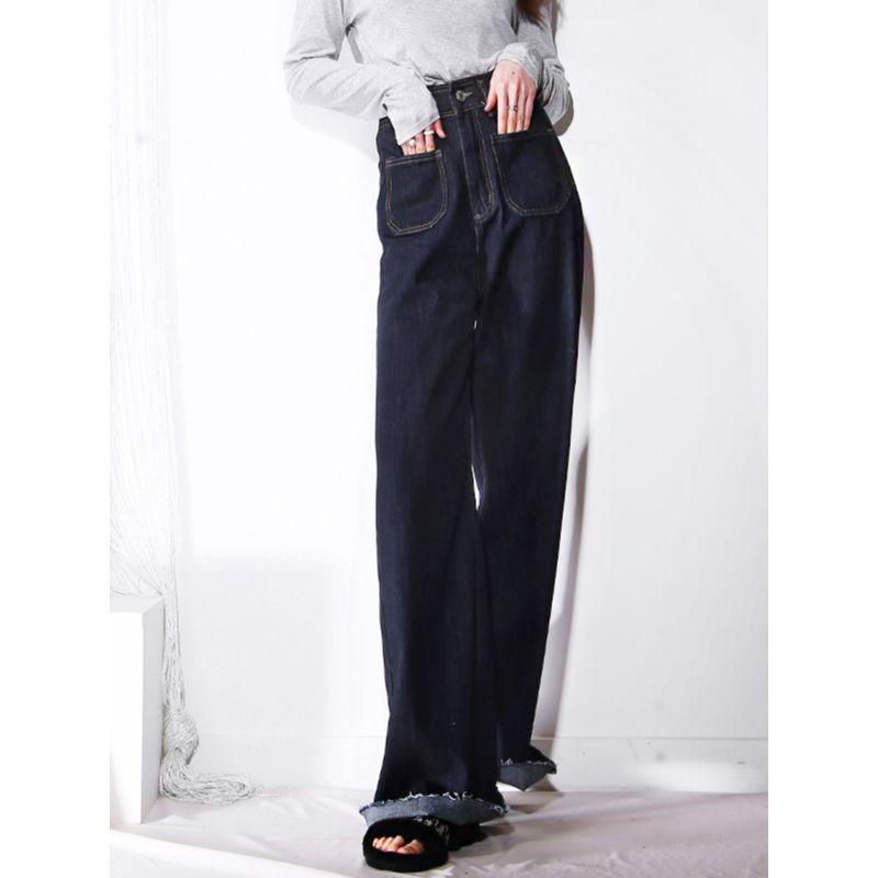 

M76 Элегантные джинсы моп прямого кроя с завышенной талией, широкими штанинами, передними карманами, открытой линией и необработанным краем Dark blue 38