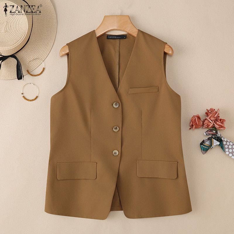 ZANZEA Cárdigan Chaleco Casual de Mujer con Cuello en V Suelto sin Mangas