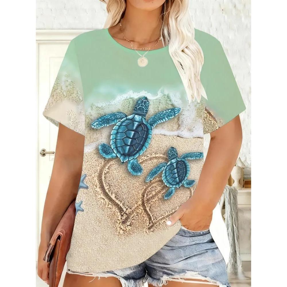 Ocean Theme 3D Printed Short Sleeved T-shirt Fashionable Comfortable Soft Breathable Large Loose Summer Womens T-shirt