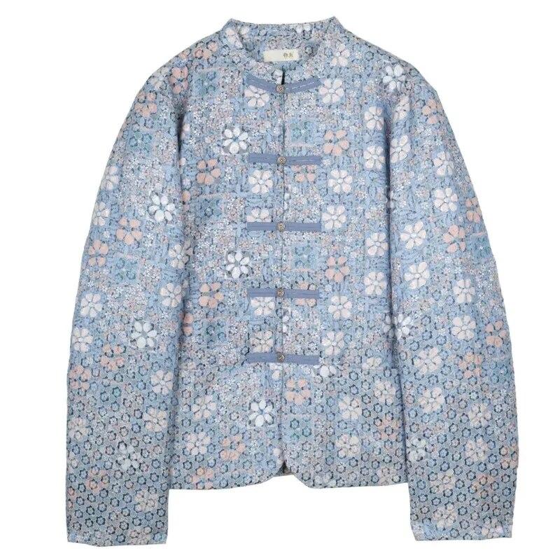 

Жіночі парки Johnature з квітковим принтом і бавовняними ґудзиками з довгими рукавами, стоячи, зимові парки в китайському стилі One Size світло-синій колір