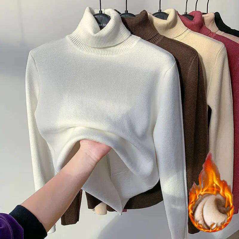 2025 Autumn Winter Women Turtleneck Velvet Thicken Warm Sweater Fleece Thermal Casual Solid Sweater For Women Pullovers