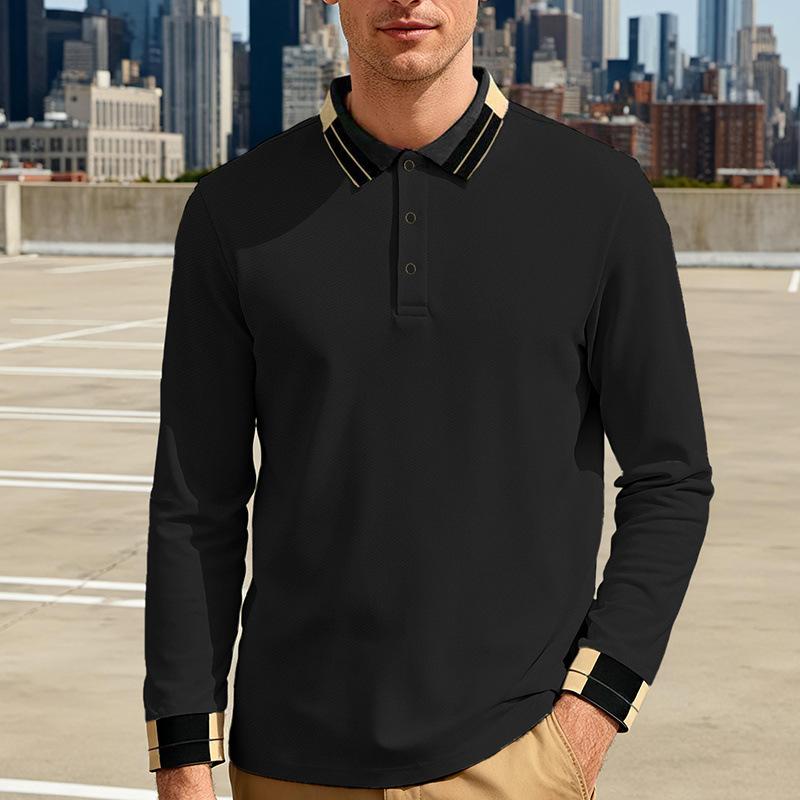 Nowa wiosenno-jesienna luźna męska koszulka polo jacquard w jednolitym kolorze, z długim rękawem