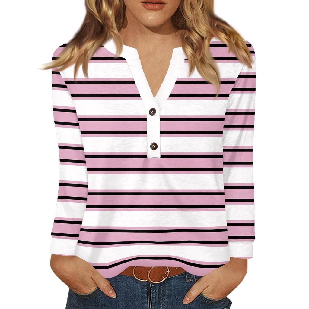 Dámské tričko s potiskem, knoflíky, dlouhý rukáv, denní, víkendová móda, základní, výstřih do V, běžný top