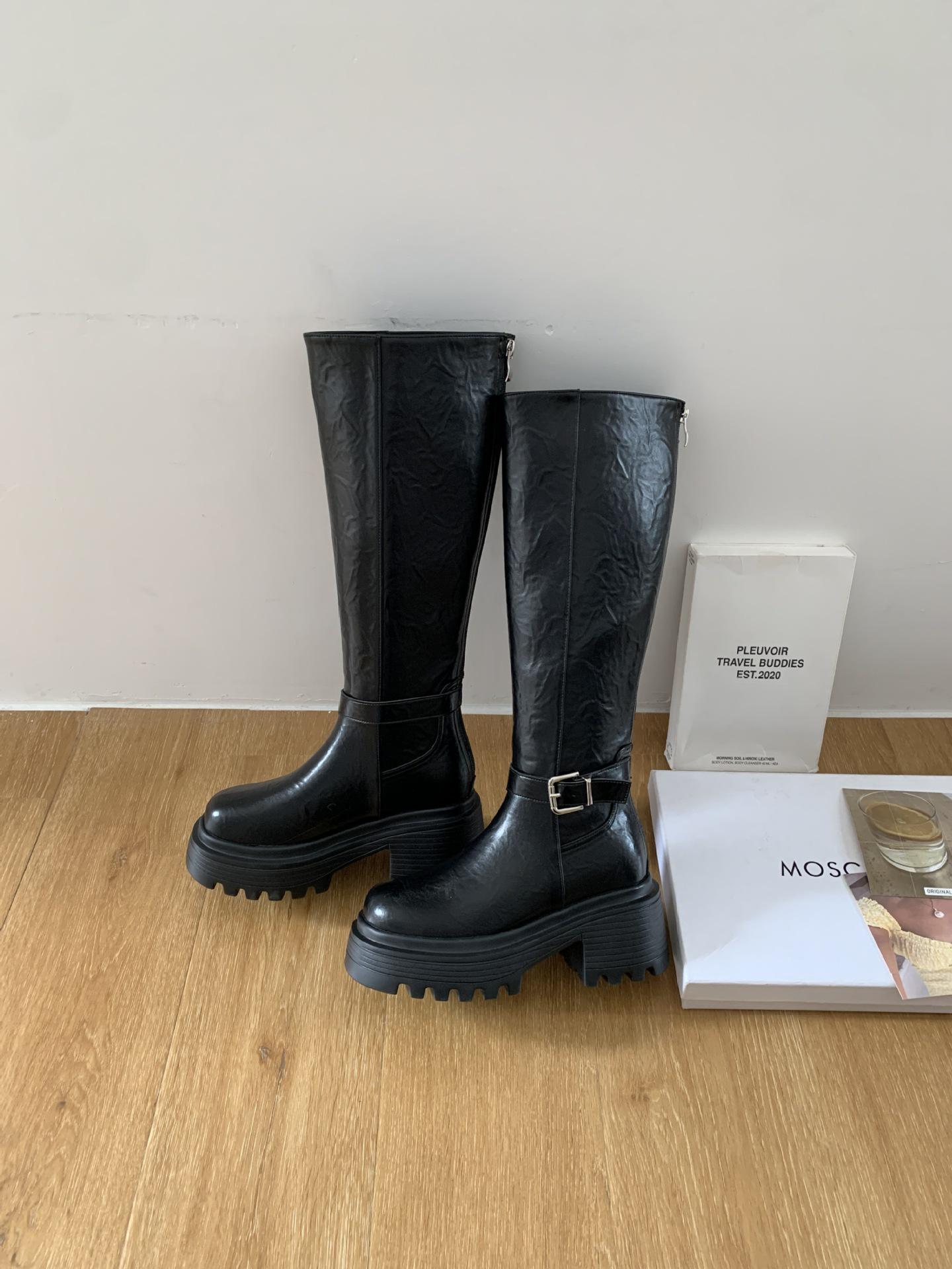 

Женские ботфорты на толстой подошве Meillard 2025 - Осенне-зимние сапоги-рыцари с высоким голенищем и внутренней платформой для маленьких размеров 35 чёрный