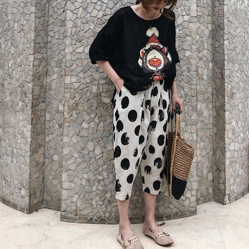 DIMANAF 2025 Women Summer Linen Bat T-shirt Shirt Printed Pattern Blouse Short Sleeve Fashion Tops Tees Loose Tees New