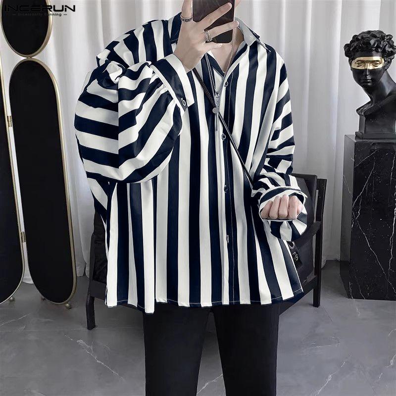 INCERUN Oversized Men Casual Lapel Neck Drop Shoulder Long Sleeve Striped Buttons Shirts Tops