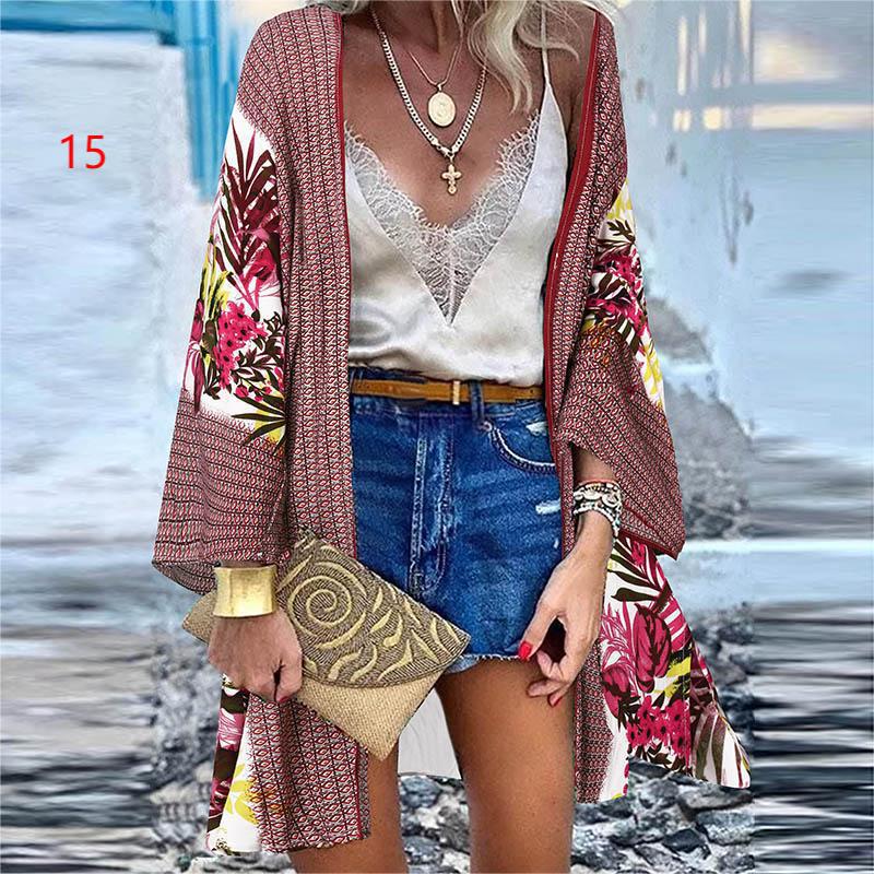 Summer Bohemian Casual Cloak Cardigan for Swimsuit Woman Beach Swimwear Tops Long Sleeved Shawl Chiffon Shirt