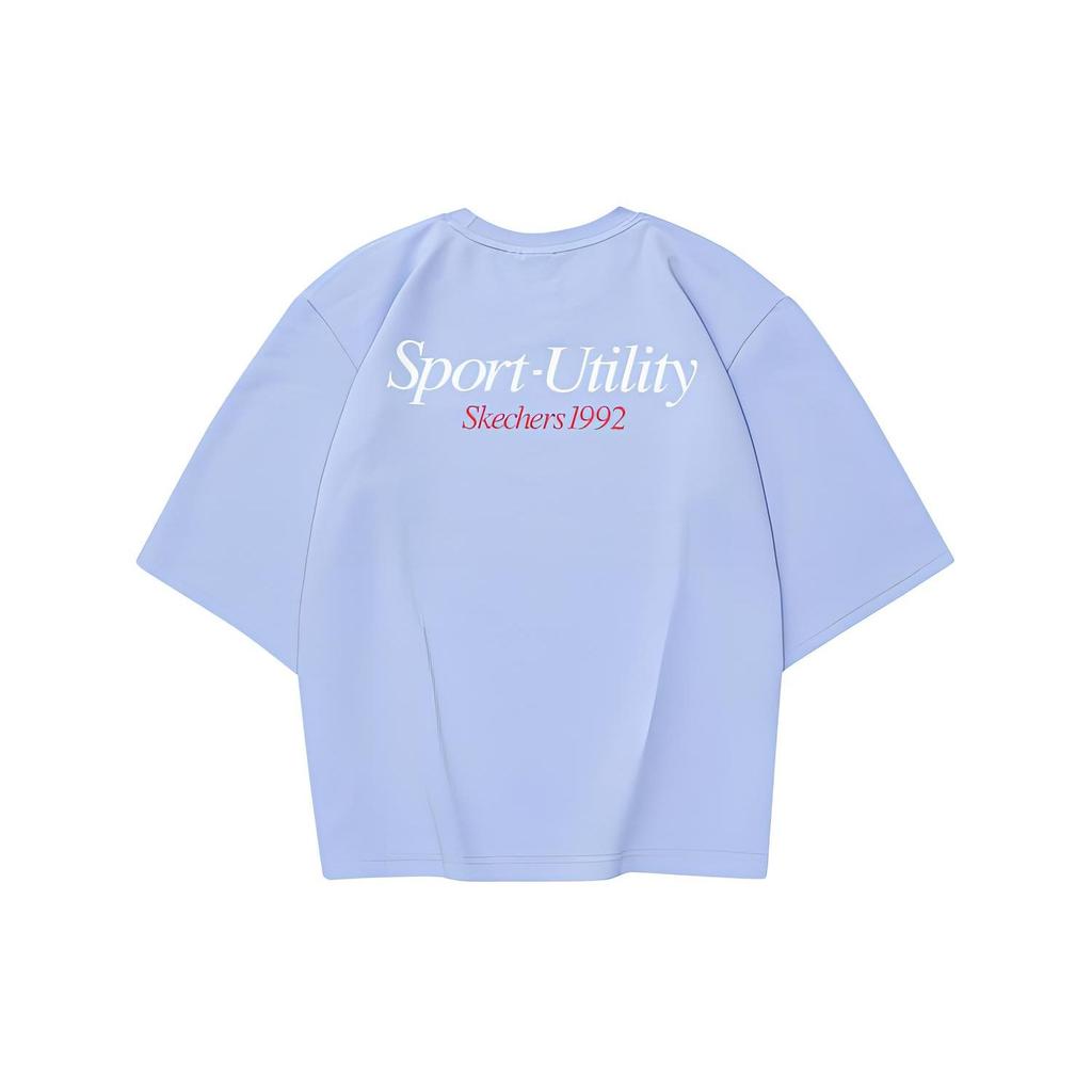 Skechers Letter Round Neck Pullover Versatile Sports Short Sleeve Breathable Dopamine Drop Shoulder T-Shirt Women T-Shirt Quartz-Purple L224W015-02SJ