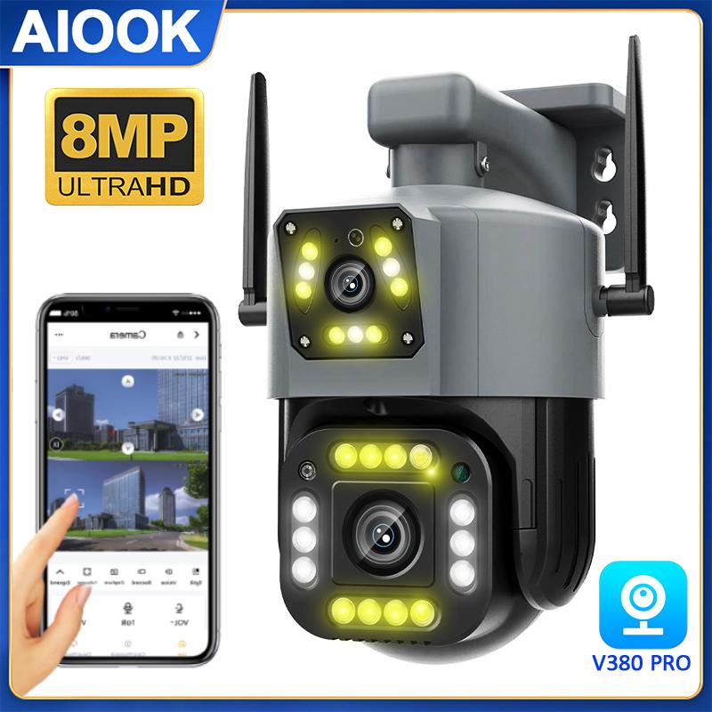 

AIOOK Наружная камера безопасности HD 8MP 4K Двойной объектив WIFI Камера видеонаблюдения Полноцветная камера ночного видения IP66 Водонепроницаемый PIR Обнаружение людей Двусторонний домофон CCTV