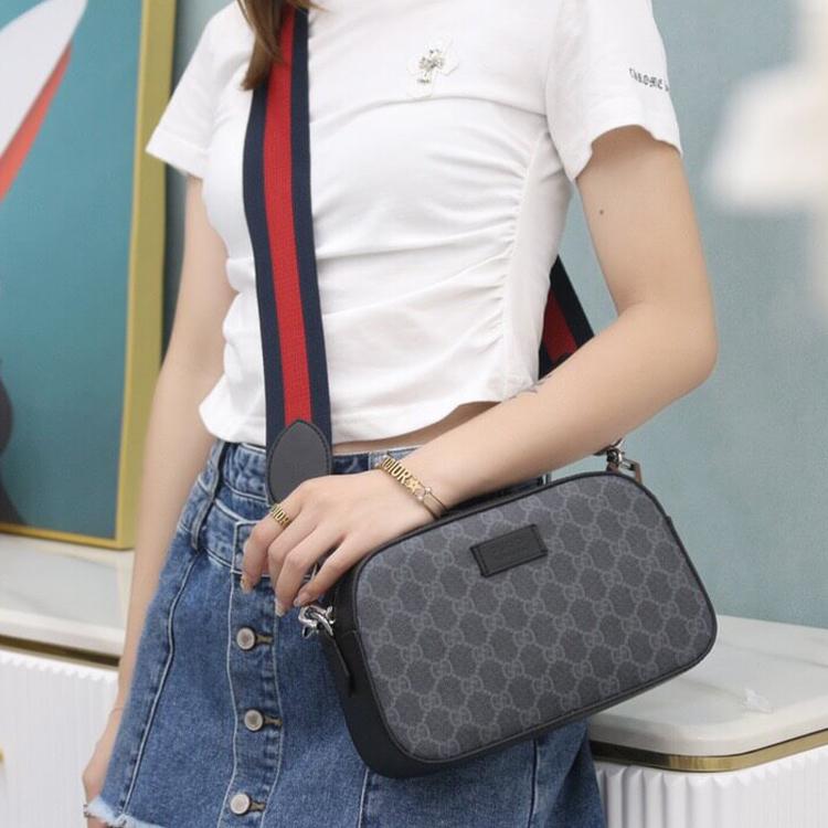 Gucci Vintage Logo Stripe Web Leather Logo Canvas And Leather Camera Bag Men Shoulder Bag Black Gray 574886-K5RLN-1095