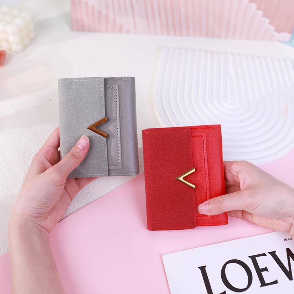 Korean Style Women's Short Matte PU Leather Wallet - Three-Fold, Retro, Thin Card Holder, Ideal for Students.