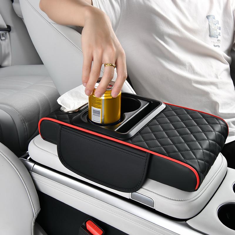 Portable Center Console Armrest Cushion Leather With Cup Holder Tissue Box Car Armrest Pillow Multifunctional Parts & Accessorie