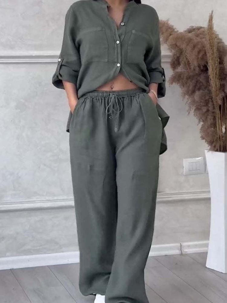 

Повседневный комплект из хлопка и льна однотонной рубашки и широких брюк на кулиске 5XL серый