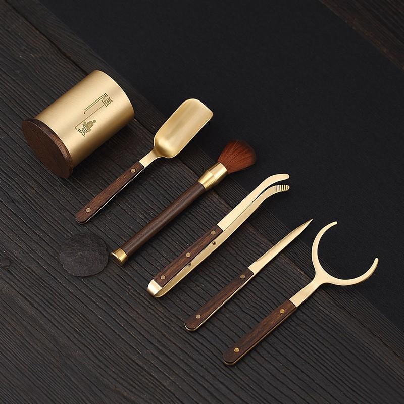 Brass Wood Tea Tool Set Gongfu Ceremony Tongs Scoop Knife Fork Brush