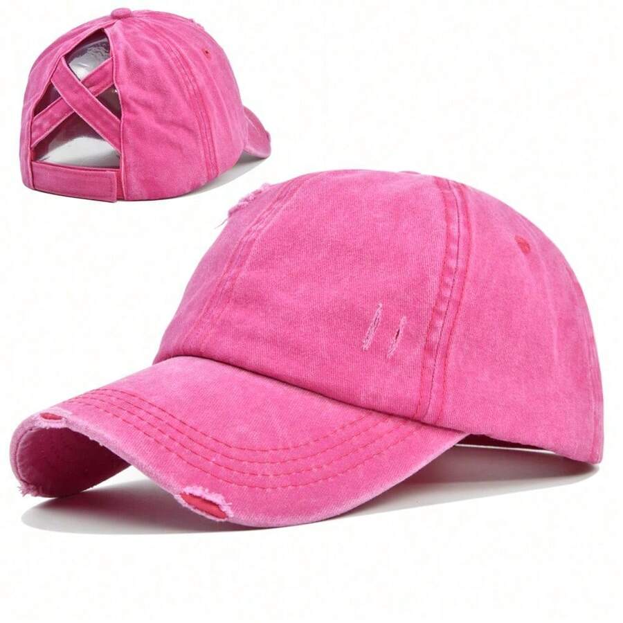Vintage Washed Distressed Denim Baseball Cap With Criss Cross Ponytail Hole For Women