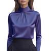 Elegant Solid Color Long Sleeve Blouse Women Soft Satin Shirt Stand Collar Office Wear