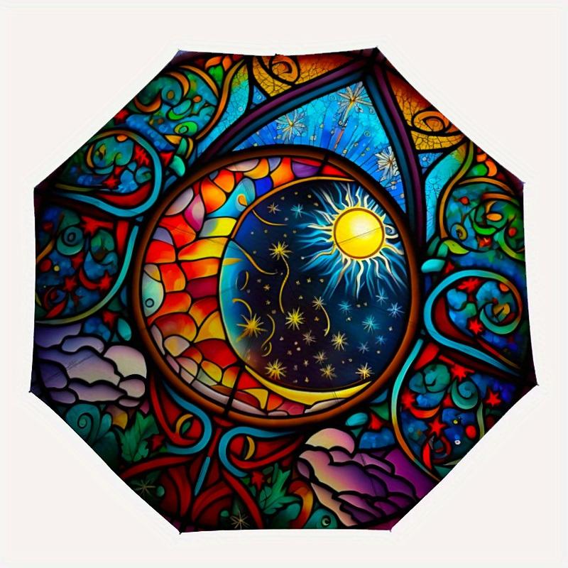

1pc Stained Glass Window Folding Umbrella With Excellent UV Protection, 8 Ribs Casual Durable Lightweight Portable Travelling Umbrella For M