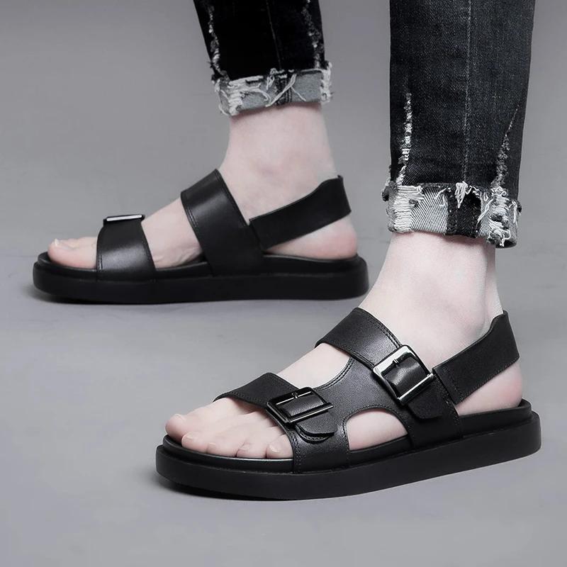 Fashion Summer Outdoor Genuine Leather Antiskid Sandals Men Casual  Leather Non-slip Breathable Tooling Shoes Soft Bottom Walking Shoes
