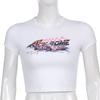European, American English slogans Printed sexy exposed navel short T-shirt fashionable round neck slim slim top women's multi-picture