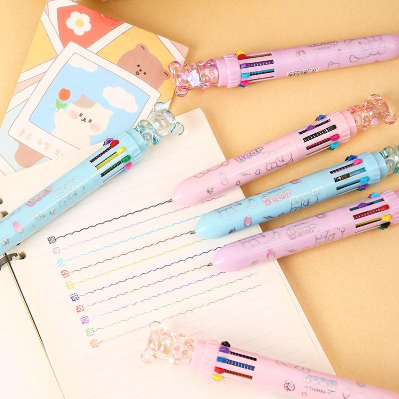 36Pcs with Box Kawaii Cartoon Crystal Bear 10 Color Ballpoint Pen Cute Multi Color Pen Gift Student School Stationery Oliday Gift Novelty Stationery T