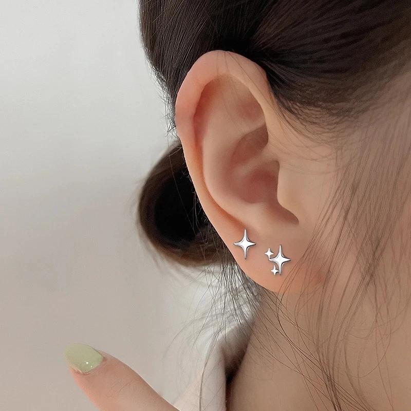 New Silver Needle Asymmetric Four-pointed Star Earrings for Women Super Fairy Stud Earring Simple Silver Color Jewelry