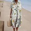 New Loose Casual Comfortable V-neck Digital Printing Pleated Large Version Dress