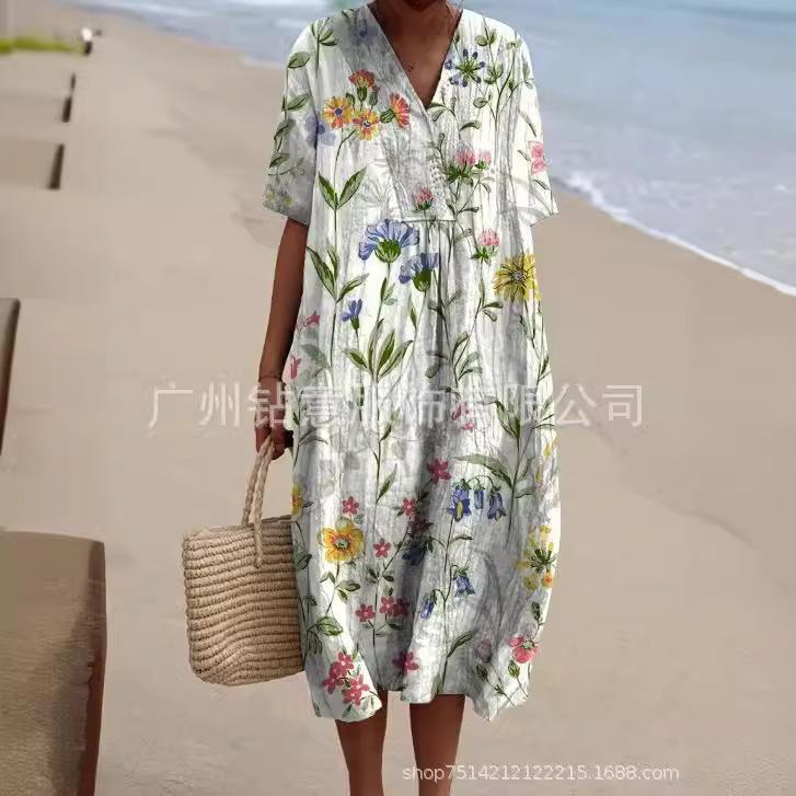 New Loose Casual Comfortable V-neck Digital Printing Pleated Large Version Dress
