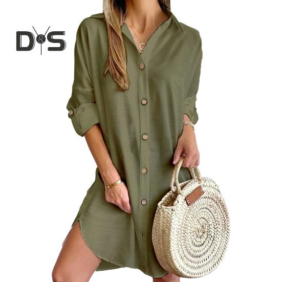 

Платье-рубашка для женщин осень-весна, однобортное, с разрезом по низу, свободное, однотонное, с пуговицами и запонками, длиной выше колена, мини-платье XL зелёный