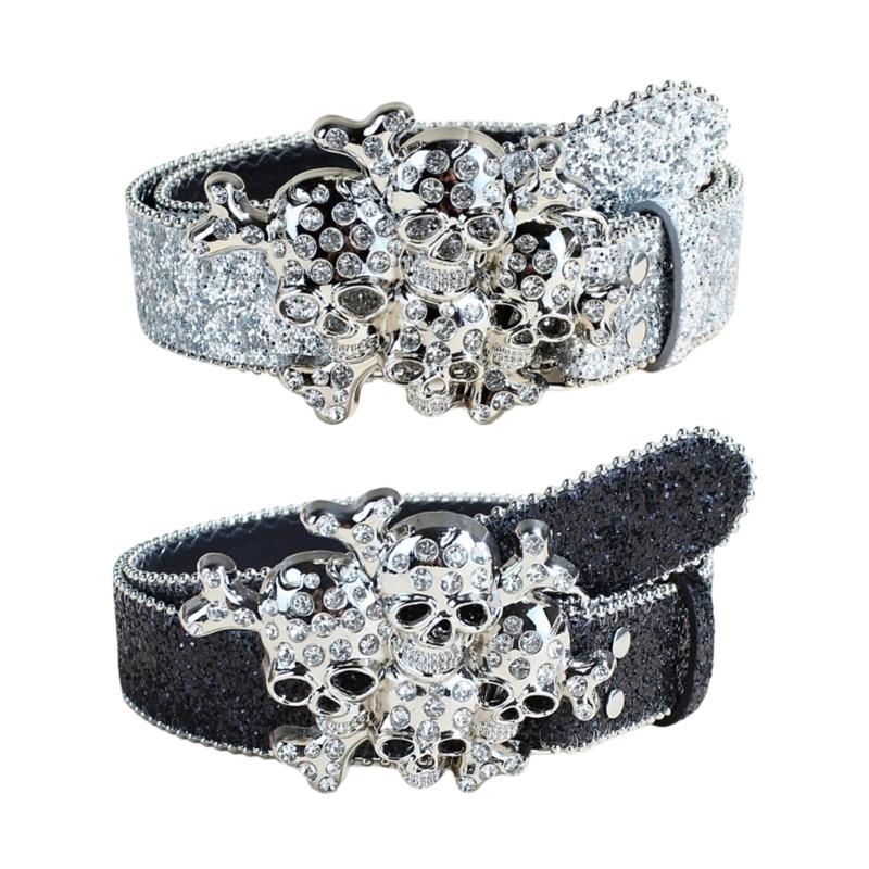 Women's Rhinestones Belt Glitters Leather Waist Belt Western Skull Waist Belt for Stylish Youth