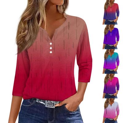 Γυναικείο T-Shirt Μπλουζάκι Print Κουμπί 3/4 Μανίκι Καθημερινό Σαββατοκύριακο Μόδα Βασικό V Λαιμόκοψη Κανονική Μπλούζα