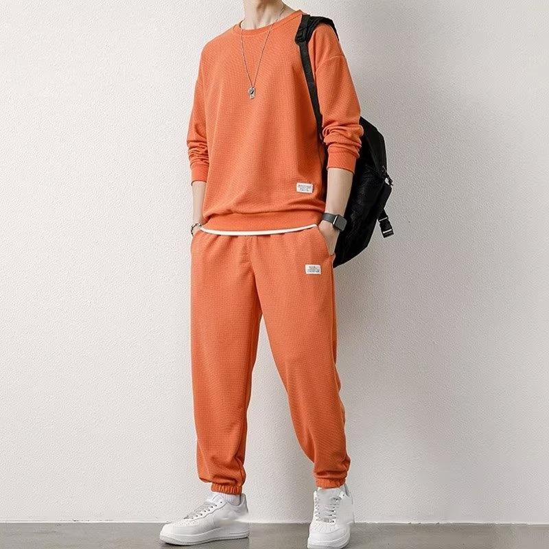 Waffle Sweater Suit Loose Casual Autumn and Winter Round Neck Men's Long-sleeved Trousers Youth Clothes