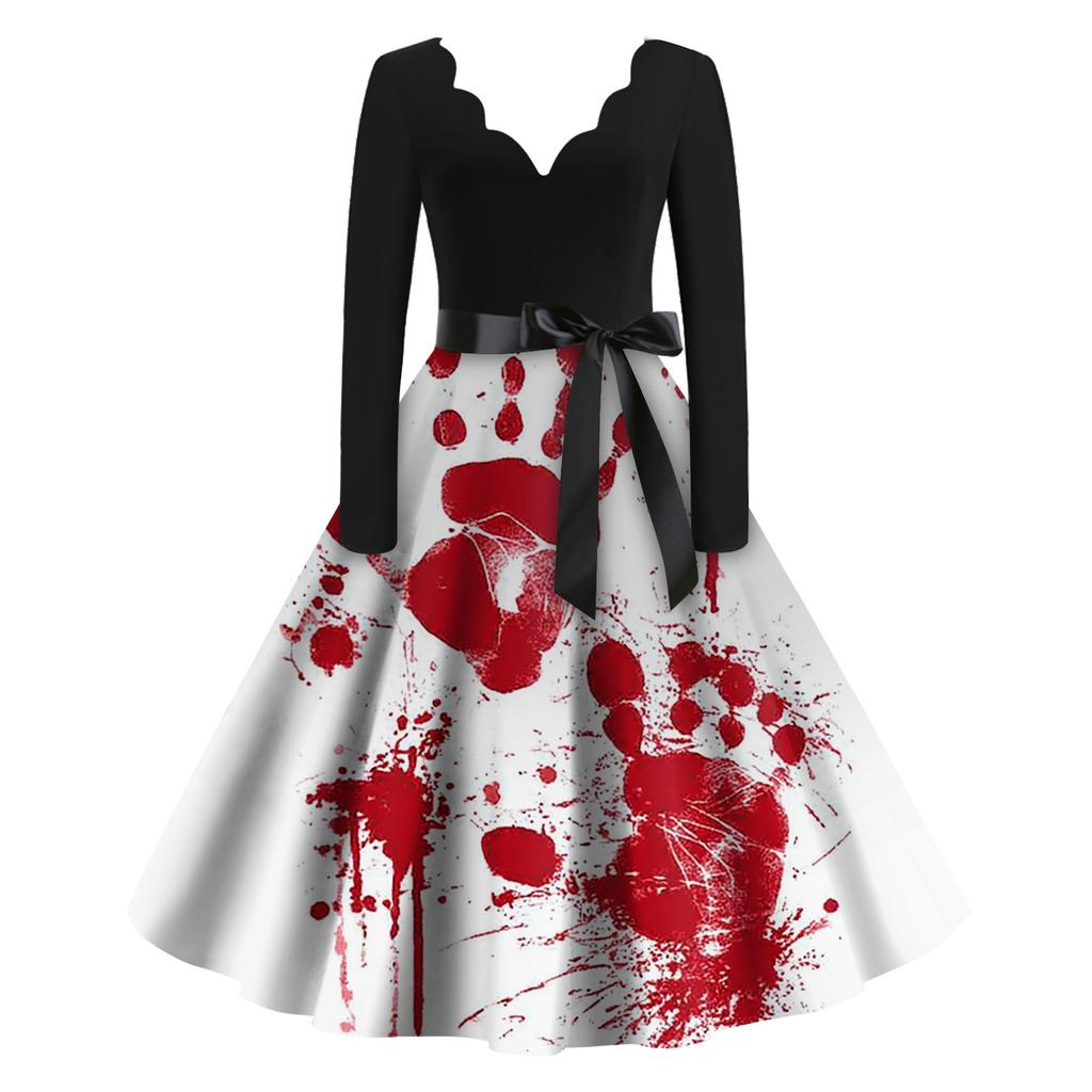 Women's Casual Fashion Halloween Printed V-Neck Vintage Dress