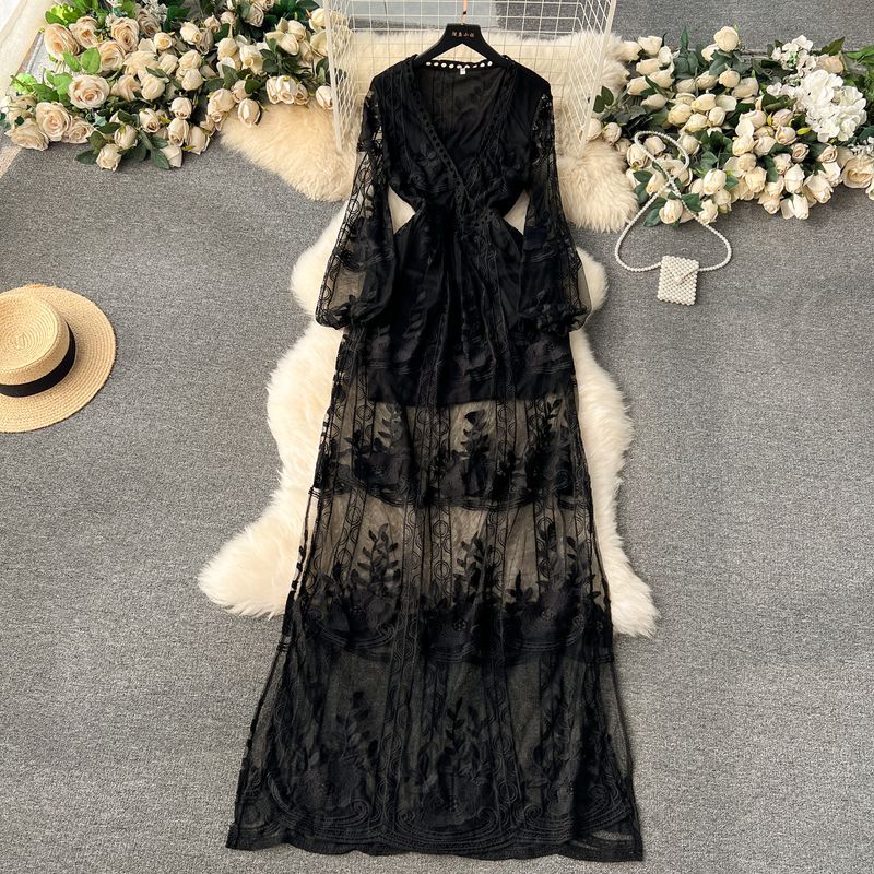 

Fashion Vacation Style Skirt Retro Machine Embroidery Lace Long Dress Sexy Deep V Neck Elegant Dress Spring Dress for Women Black XL