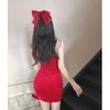 Golden Velvet Slimming Camisole Dress with Patchwork Fur