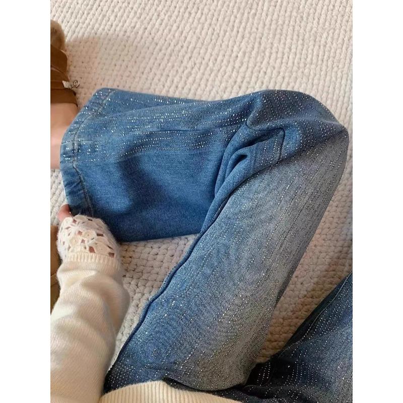 Women s Light Blue Sparkle Flare Jeans High Waist Wide Leg Denim Pants S