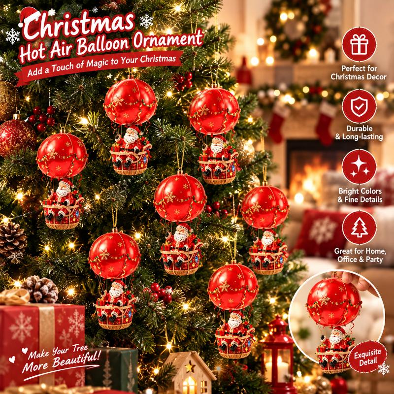 16/24/32 Pcs Wood Hot Air Balloon Santa Claus Ornament Red Christmas Hanging Ornaments Xmas Tree Pendant Holiday Gift Decoration