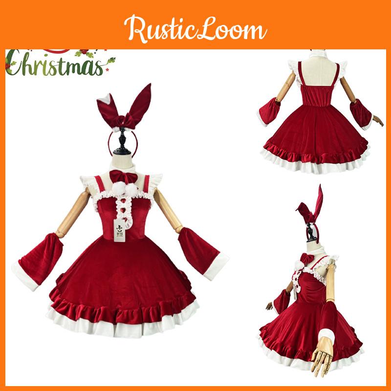 5xl Women Xmas Cosplay Costume Bow Lolita Sexy Maid Outfit Santa Wine Red