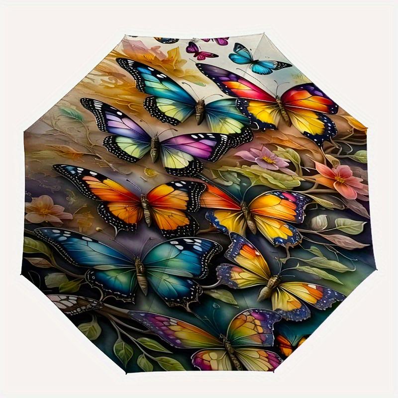 Butterfly Garden Automatic folding umbrella simple eight rib design, bright color pattern, durable iron frame, ideal for travel and outdoor