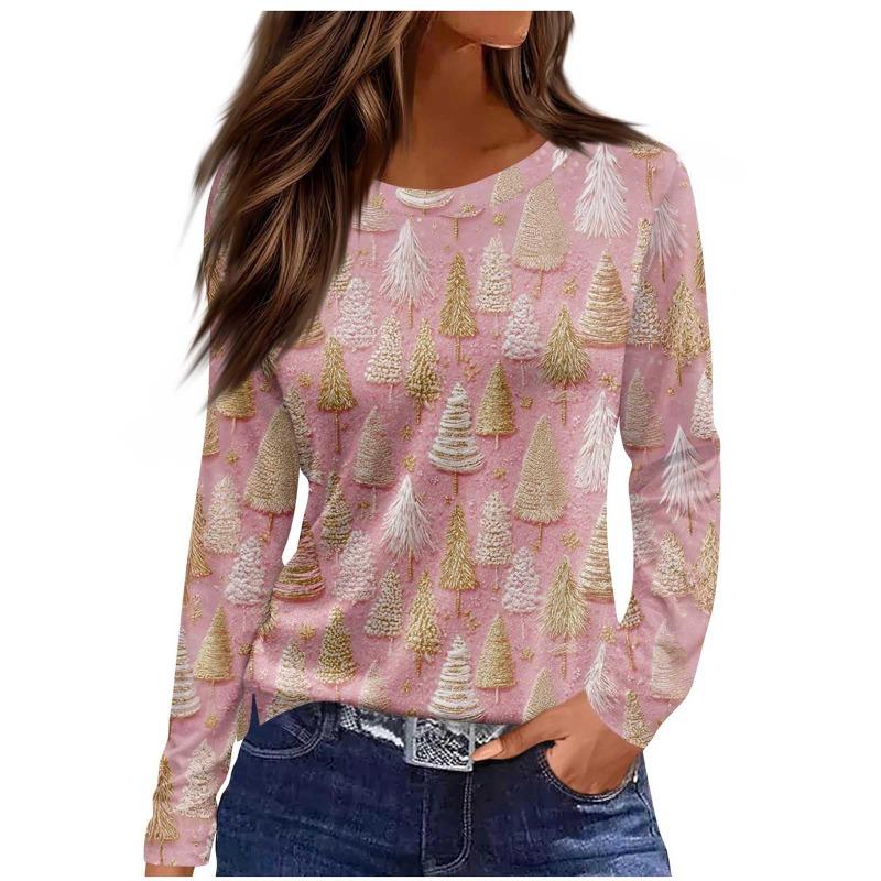 Christmas Limited Edition Women's 3D Floral Snowman Print Round Neck Long Sleeve T-shirt Fashion Casual Long Sleeve Top