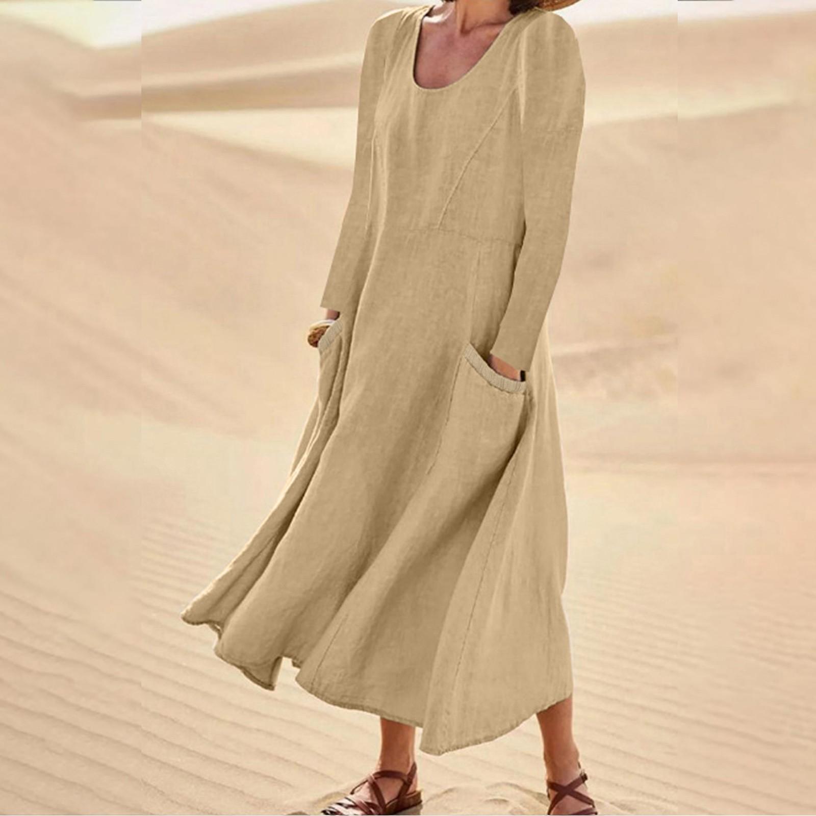 

Ladies Fashion Color Round Neck Pocket Long Sleeve Cotton Linen Loose Dress L хаки