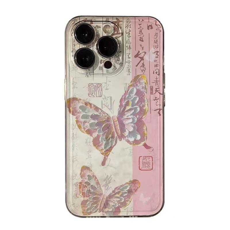 New Chinese oil painting powder butterfly is suitable for 16promax iPhone case iPhone15pro personalized 14plus.